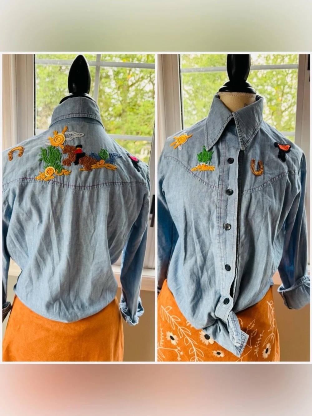 Vintage 70-80’s chambray button down hand embroidered western theme shirt S/M